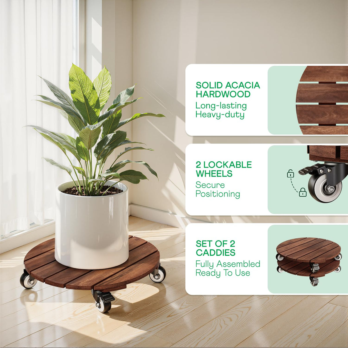 IDZO 2pack Wood Plant Caddy With Wheels Heavy Duty Red Brown, 264 Lbs Capacity, 12 Inch Acacia