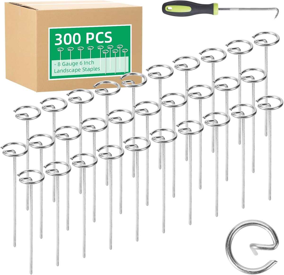 300 Pack 6 Inch Landscape Staples, Thickened 8 Gauge Circle Top Garden Stakes Heavy Duty Galvanized