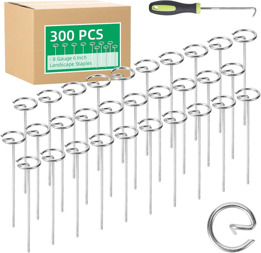 300 Pack 6 Inch Landscape Staples, Thickened 8 Gauge Circle Top Garden Stakes Heavy Duty Galvanized