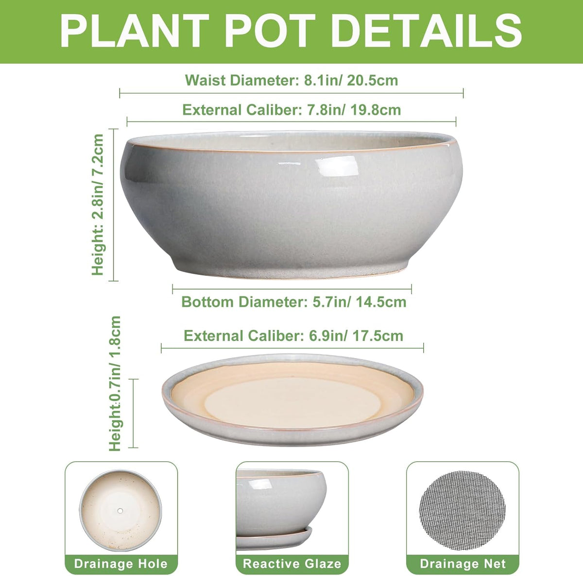 SQOWL Bonsai Tree Pots - 8 Inch Ceramic Plant Pots for Succulents, Shallow Planter with Drainage