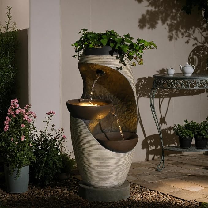 27.95''H Outdoor Garden Water Fountain, 2-Tier Bowl Shaped Floor - Standing Waterfall Fountain