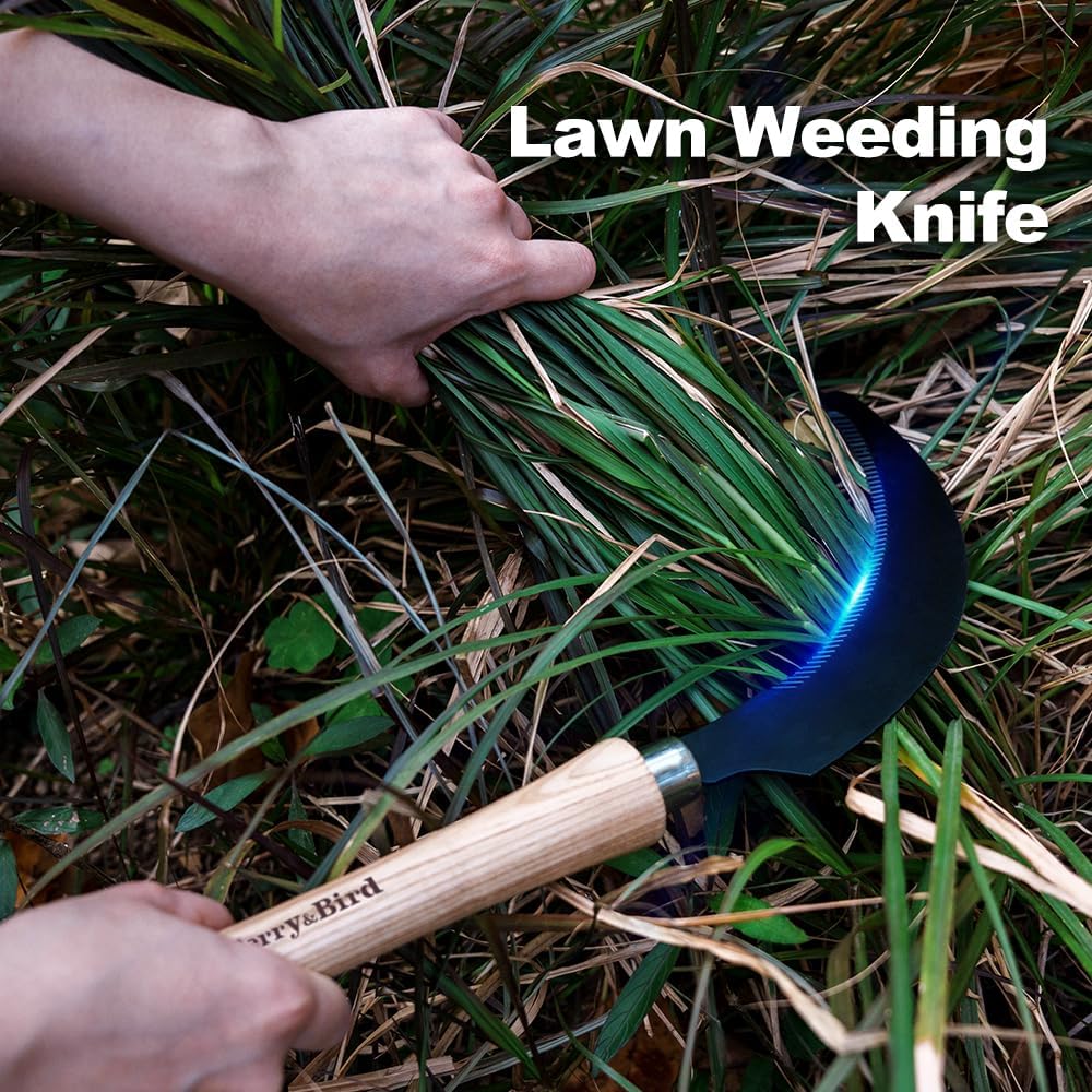 Berry&Bird Grass Sickle with Sawtooth, Heavy Duty SK5 Carbon Steel Blade Sickle Knife Scythe Garden