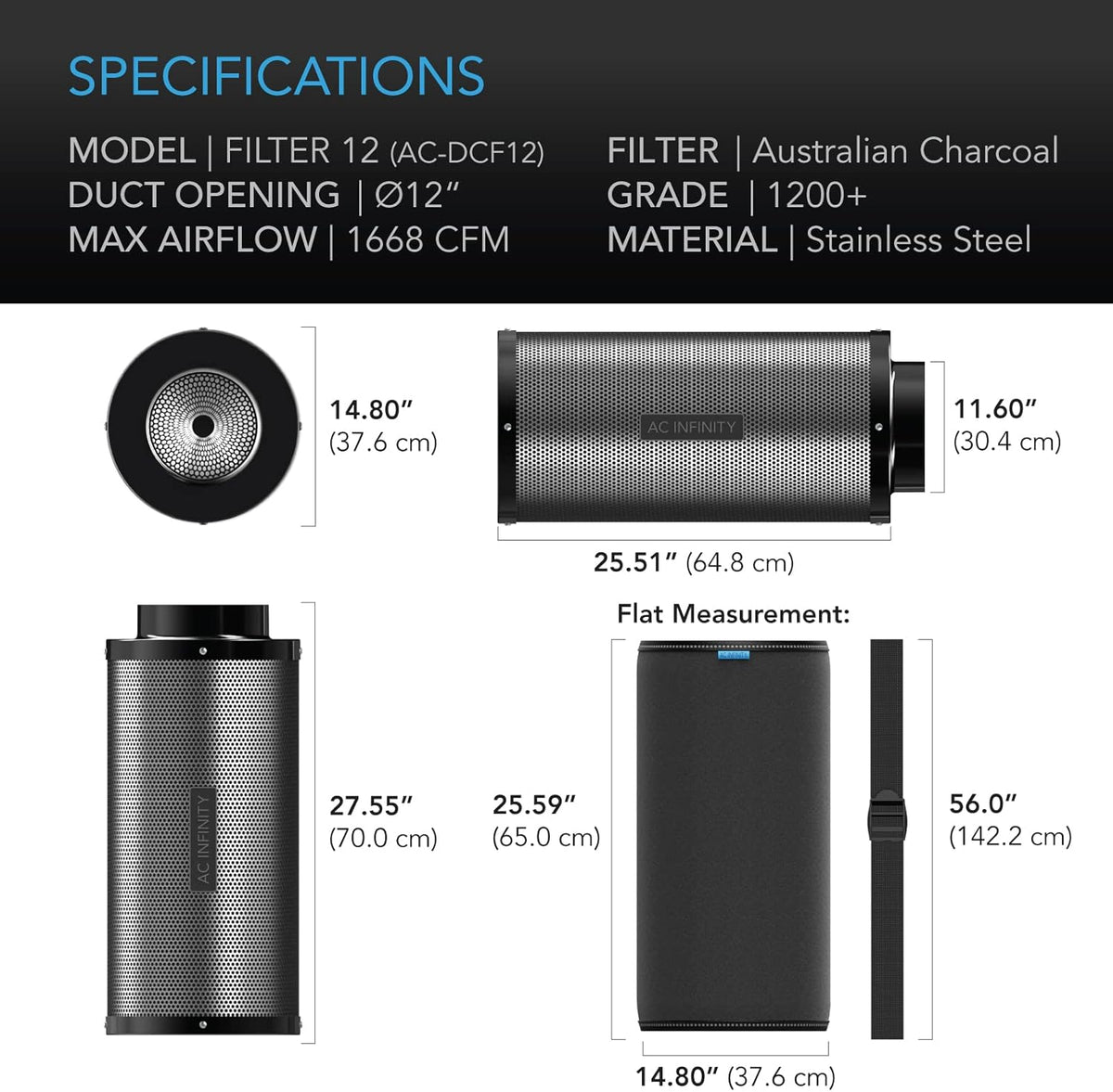 AC Infinity Air Carbon Filter 12" with Premium Australian Virgin Charcoal, for Inline Duct Fan