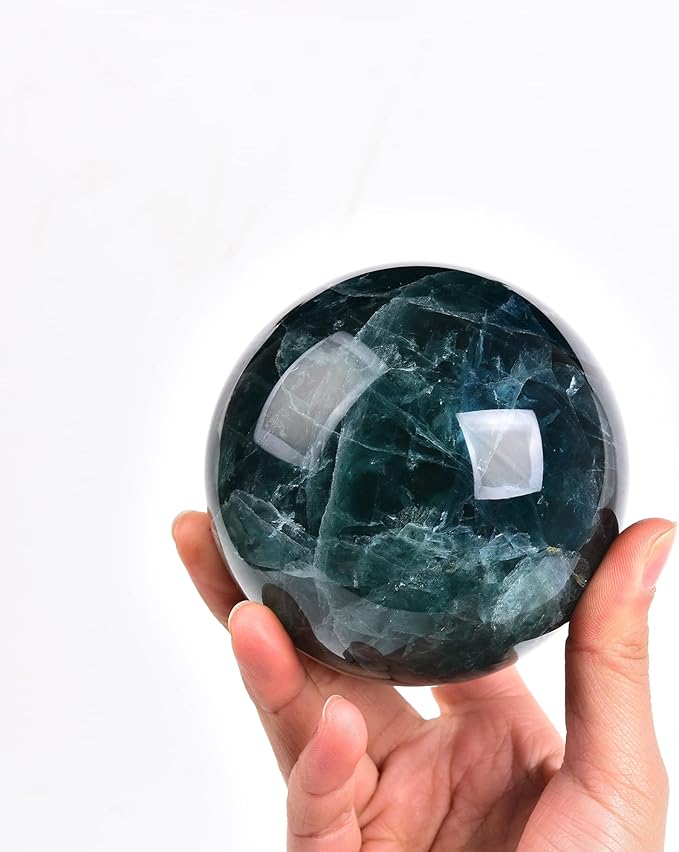 JIC Gem Big Green Fluorite Crystal Ball Sphere Decorative Ball with Wooden Stand for