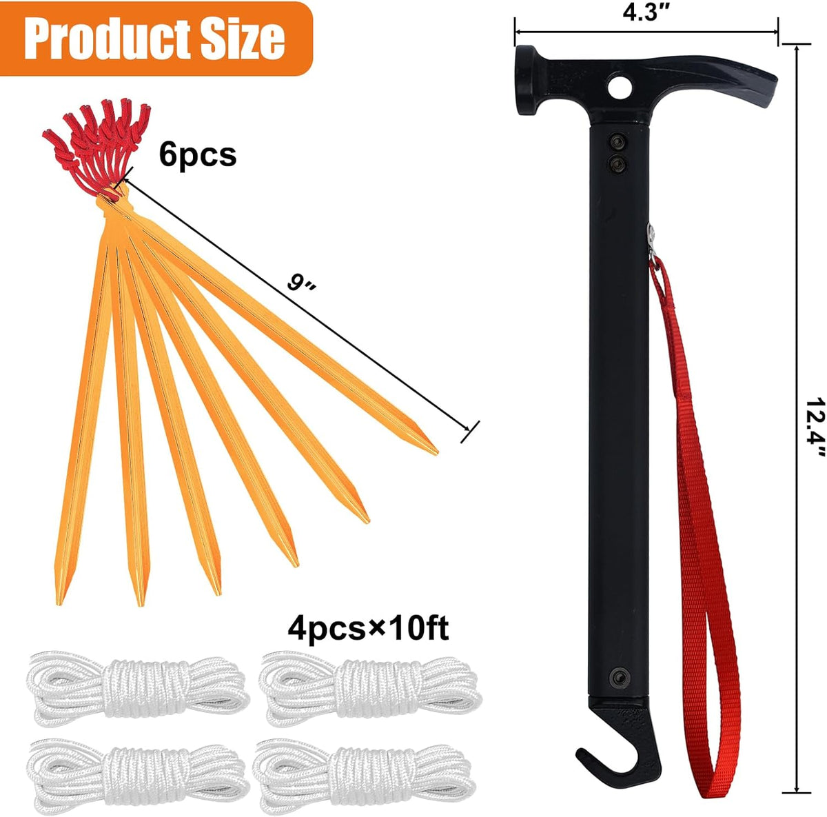 Eurmax USA Hiking Camping Tent Stakes and Hammer Set Lightweight Multi-Function Tent Hammer with