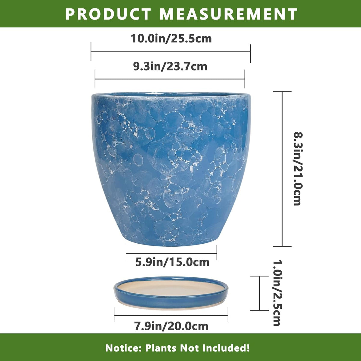 Ceramic Flower Pot - 10 Inch Planter with Drainage Hole and Saucer, Modern Large Planters
