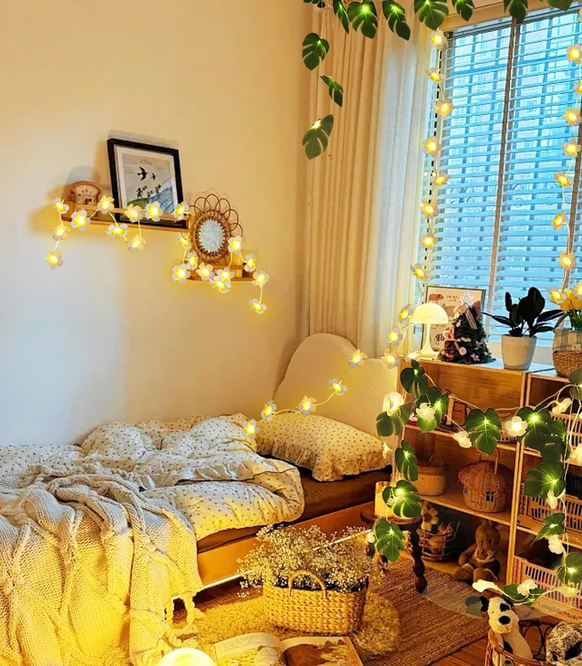 RECUTMS Monstera Leaf String Lights Artificial Foam Plumeria Tropical Palm Leaves Flower 40 LED