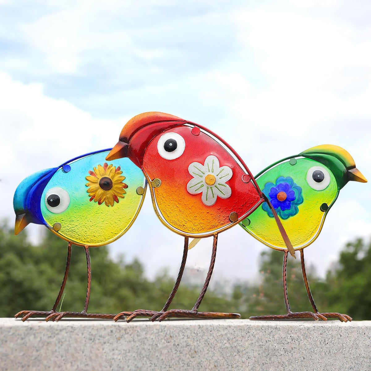 Bird Garden Decor for Outside, Glass & Metal Yard Art Decorations Outdoor Decor for Patio Backyard