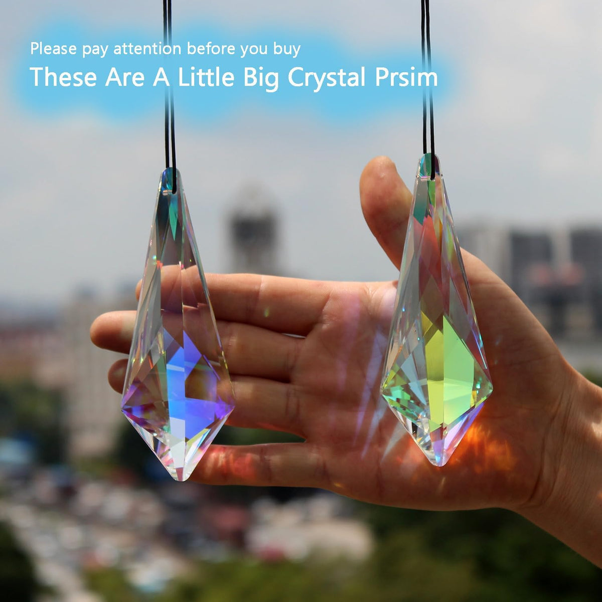 2PCS 5" Large Lanky Cone Crystal Sun Catcher Prisms, STINO Hanging Suncatchers with Glass Prism