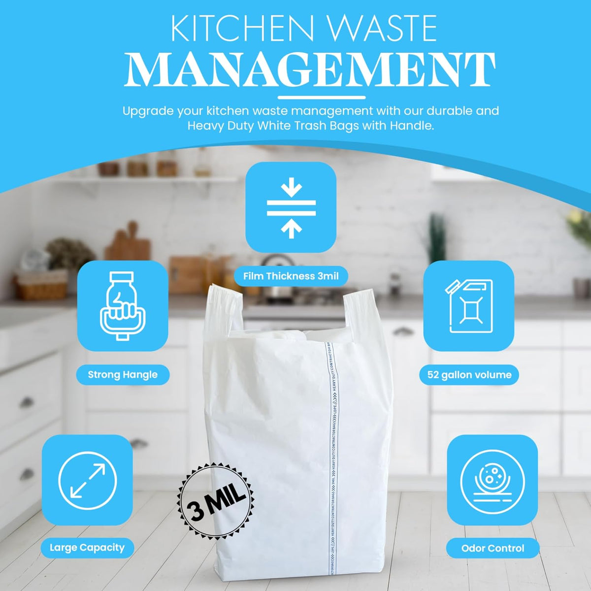 Heavy Duty Contractor Trash Bags with Handles – 52 Gallon, 40 Count | 3 MIL Thick, Extra Large