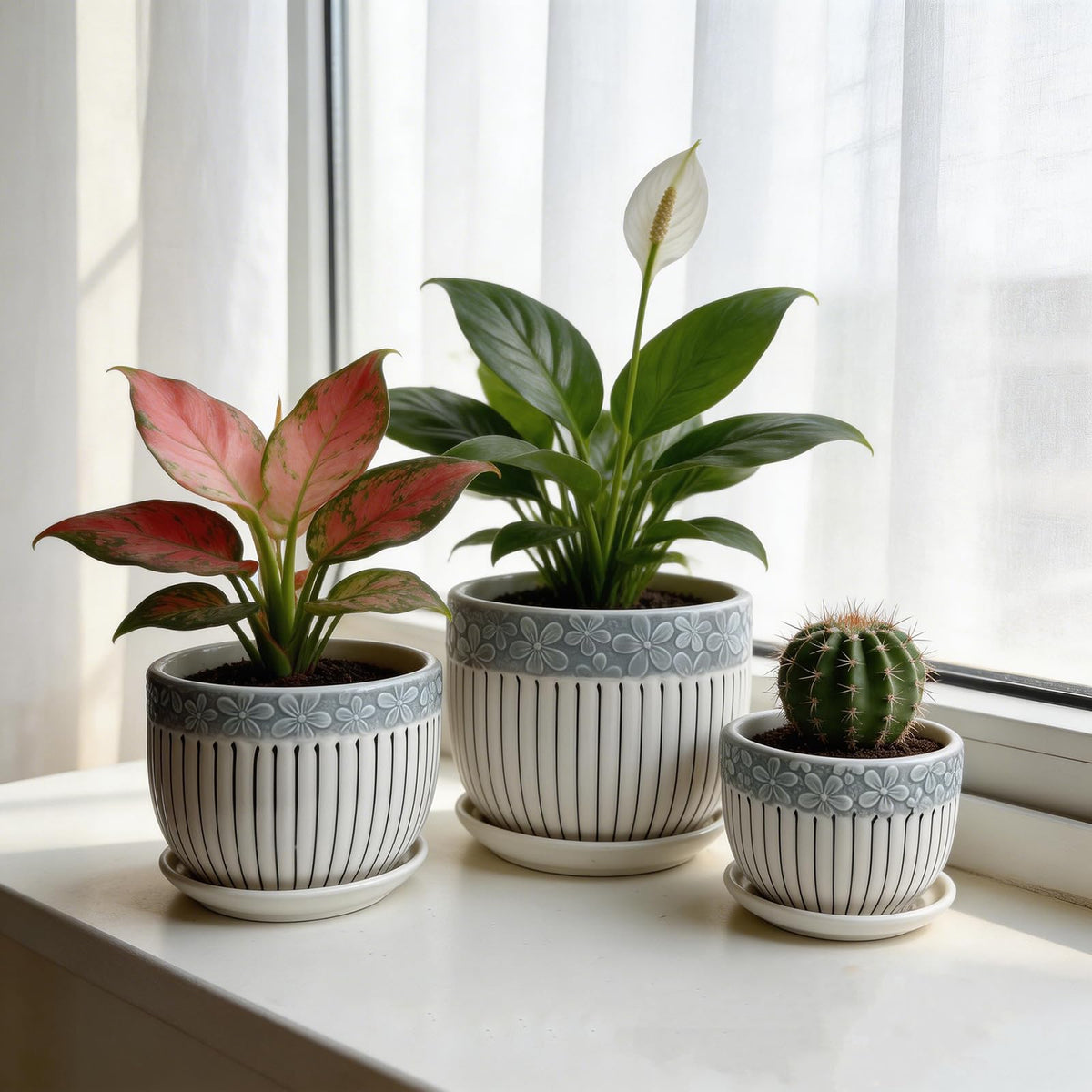 FOLKLORE13 Vintage Flower Pots for Indoor Plant, Round Ceramic Plant Pots with Drainage Holes and