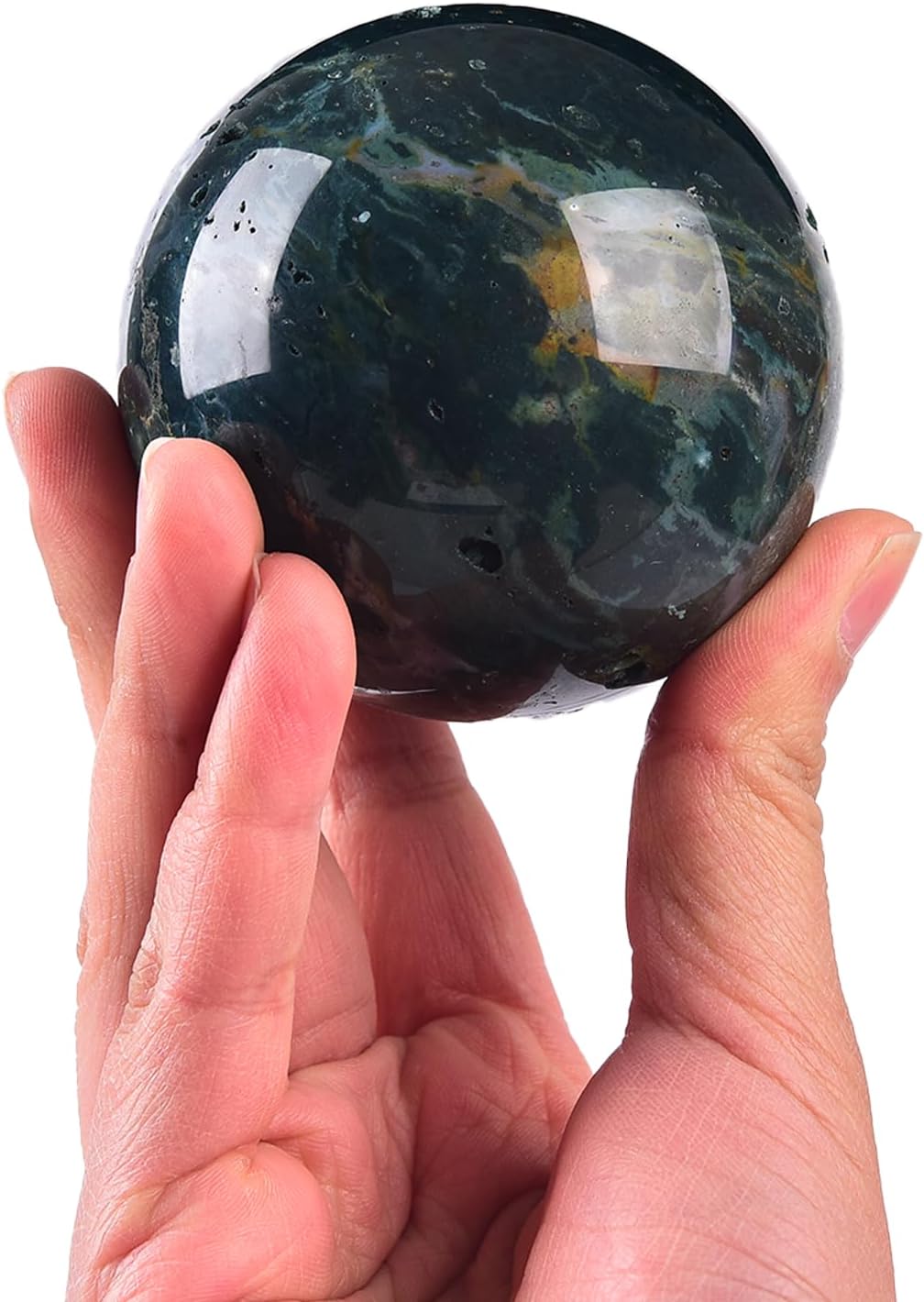 JIC Gem Natural Ocean Jasper Crystal Sphere Decorative Ball with Wooden Stand Meditation Balls for