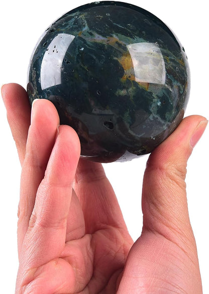 JIC Gem Natural Ocean Jasper Crystal Sphere Decorative Ball with Wooden Stand Meditation Balls for