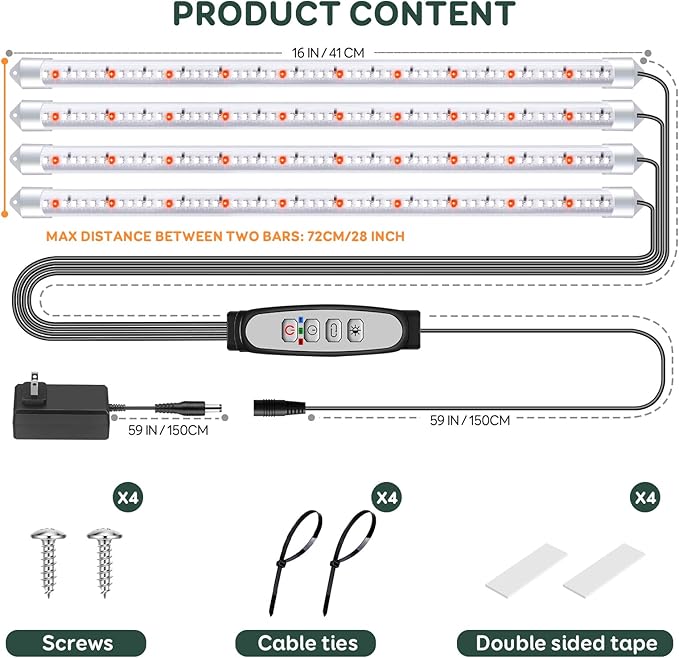 4 Bars Grow Light Strips for Indoor Plants with Auto ON/Off Timer 6/12/18H, 5 Dimmable Levels for