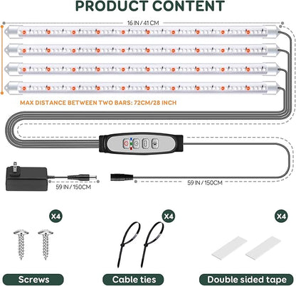 4 Bars Grow Light Strips for Indoor Plants with Auto ON/Off Timer 6/12/18H, 5 Dimmable Levels for