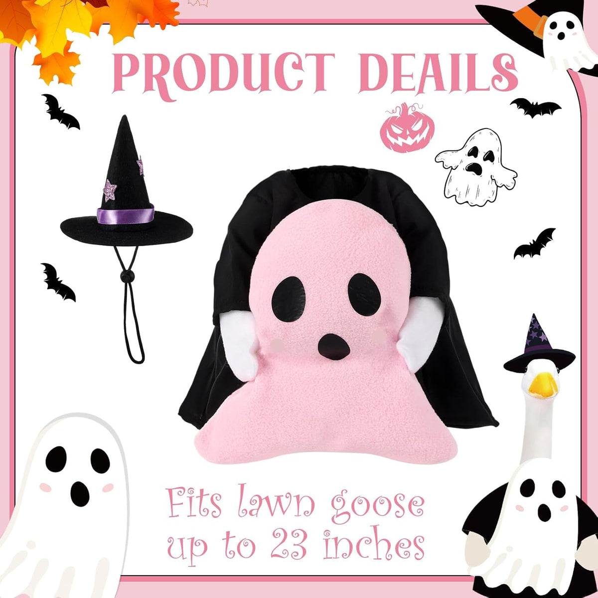 Sanwuta 1 Set Halloween Porch Goose Outfit Pink Ghost Pillow Design with Witch Hat for 23" Lawn
