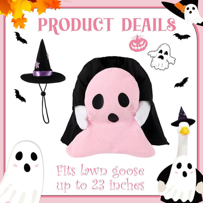 Sanwuta 1 Set Halloween Porch Goose Outfit Pink Ghost Pillow Design with Witch Hat for 23" Lawn