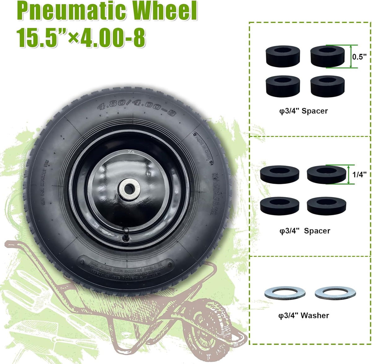 2-Pack 4.80/4.00-8" Pneumatic Wheelbarrow Wheel and Tires with 3"- 6" Center Hub and 3/4" Bushings