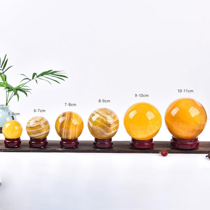 JIC Gem Natural Yellow Fluorite Crystal Sphere Crystal Decorative Ball with Wooden Stand Meditation