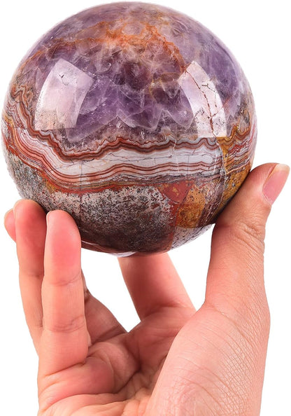 JIC Gem Large Amethyst Healing Crystal Sphere with Stand Amethyst Agate Crystal Decorative Ball for