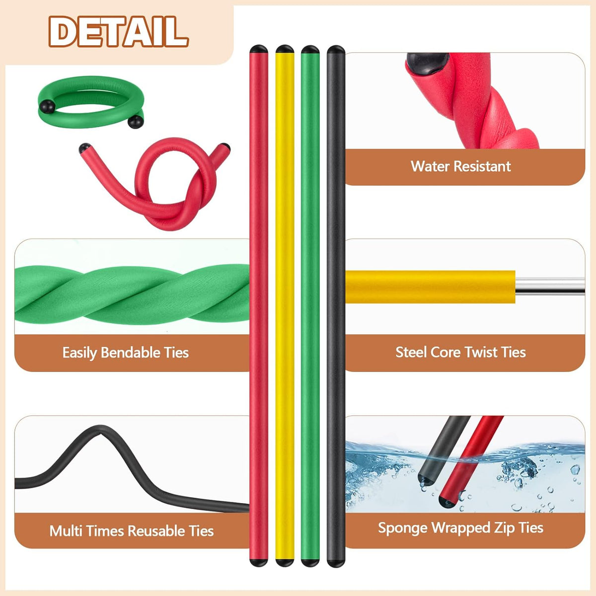 20 Pcs 17 Inch EVA Foam Twist Rubber Ties Reusable Bendable Cable Tie Straps Flexible Heavy Duty