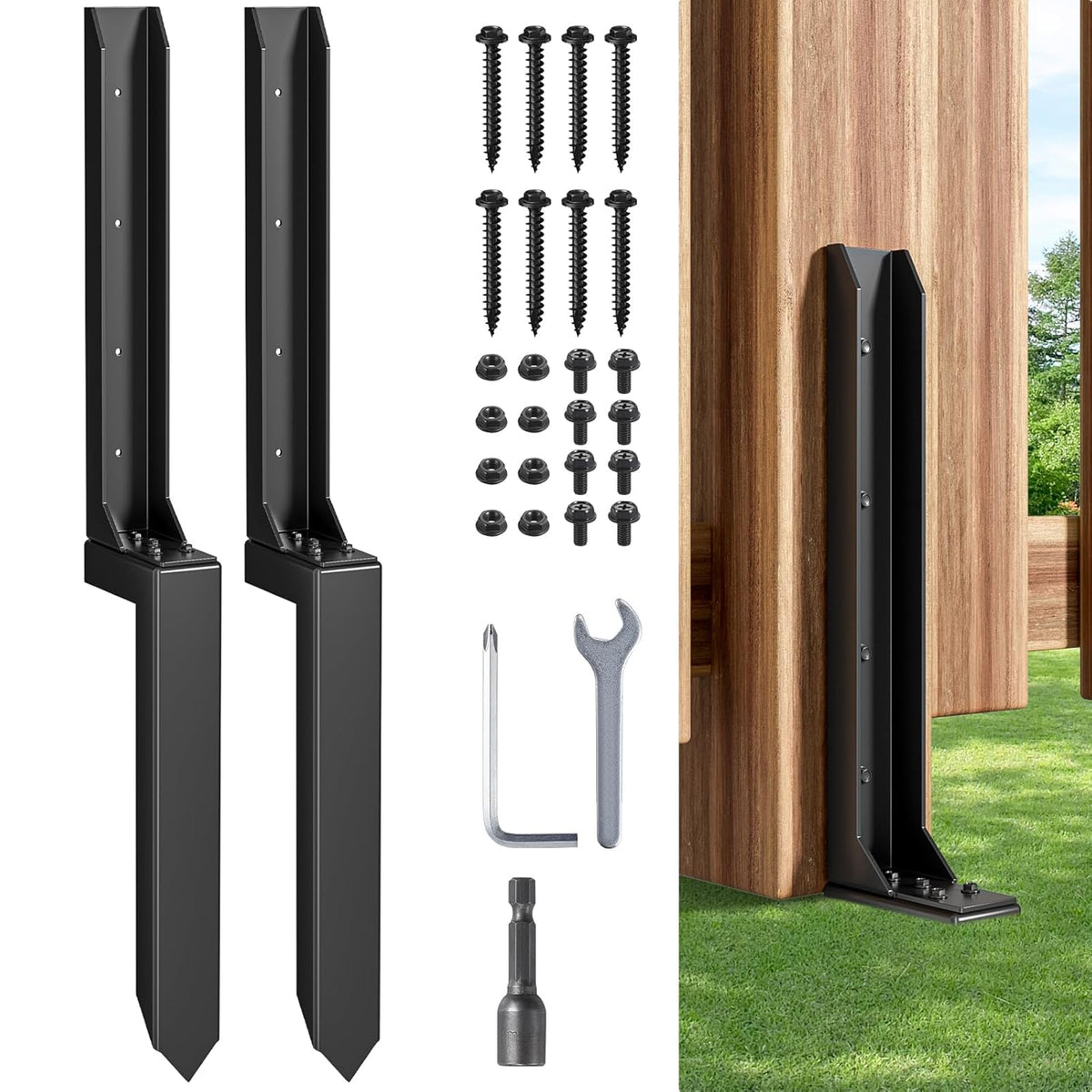 Fence Post Repair Kit，Heavy Duty Steel Fence Post Anchor Ground Spike ，Quick Fix Broken/Leaning