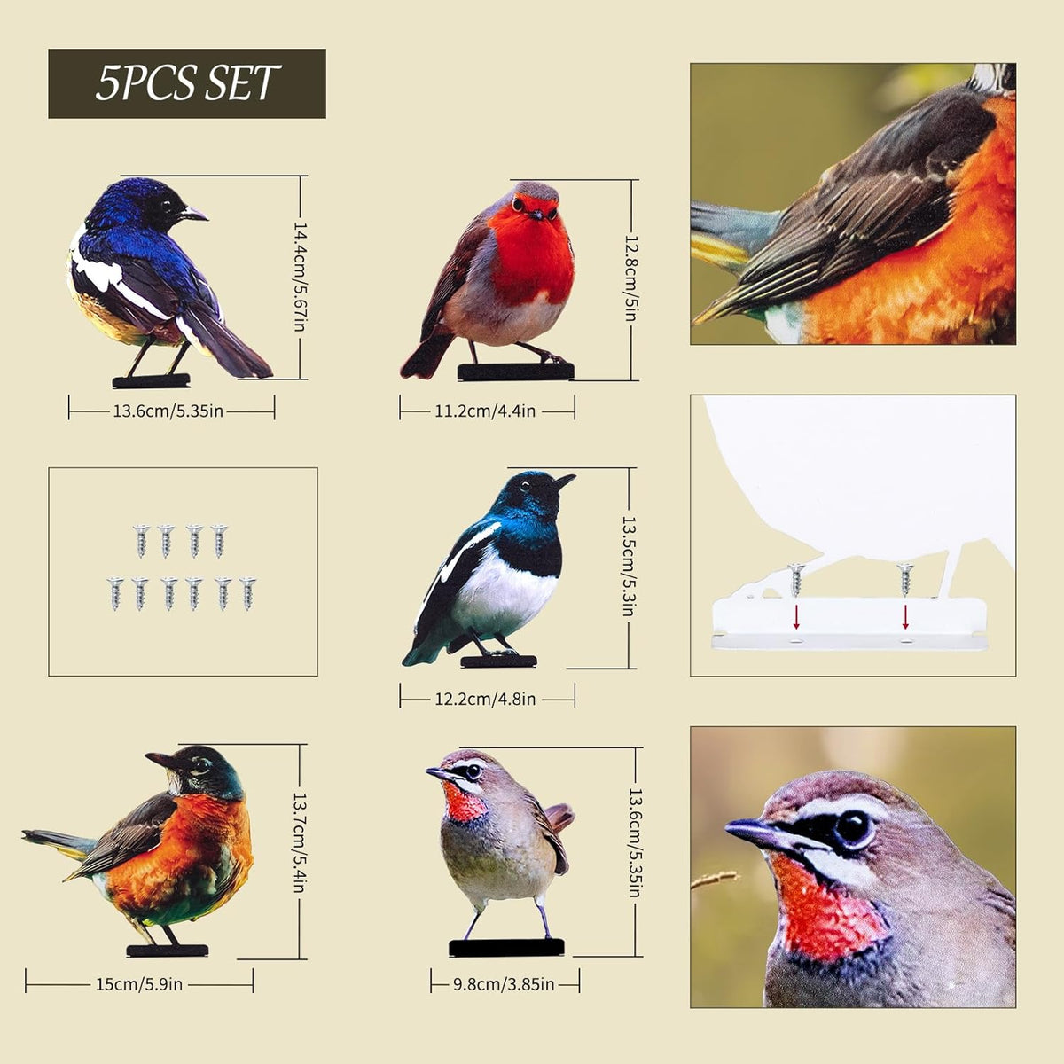 HUYIENO 5PCS Vivid Metal Birds Fence Decor Color Painted Outdoor Garden Natural Bird 2D Sculptures