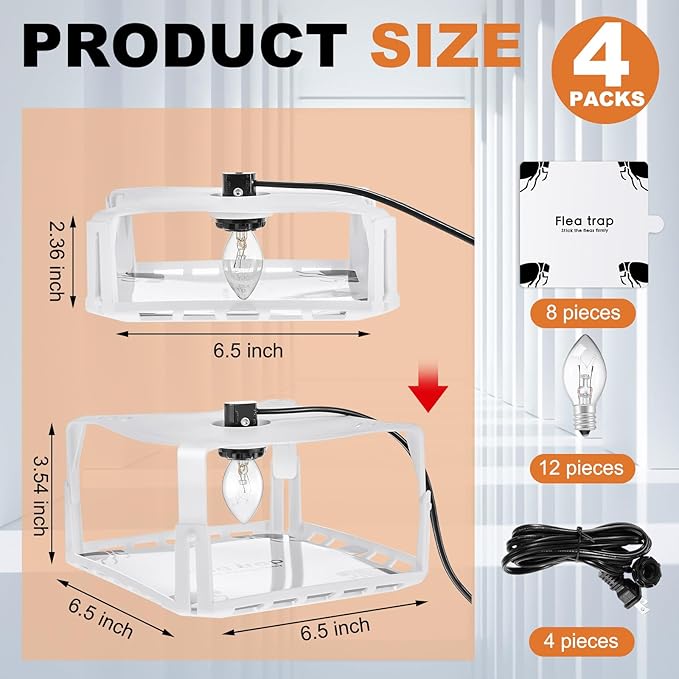 Qualirey 4 Packs Flea Traps for Inside Your Home with 8 Sticky Disc 12 Bulbs 4 Electric Wires, Pest