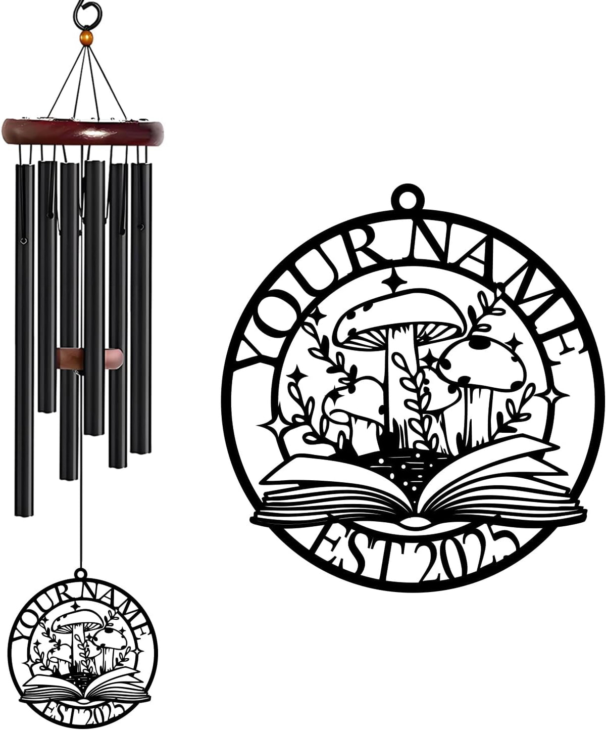 Personalized Customize Name Fantasy Mushroom Wonderland Wind Chime, Metal Iron 37 Inch Outdoor