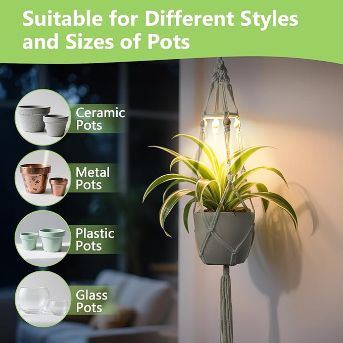 Macrame Plant Hanger with Grow Light: 2 Pack Sturdy Hanging Planters for Indoor Plants, Cute Plant