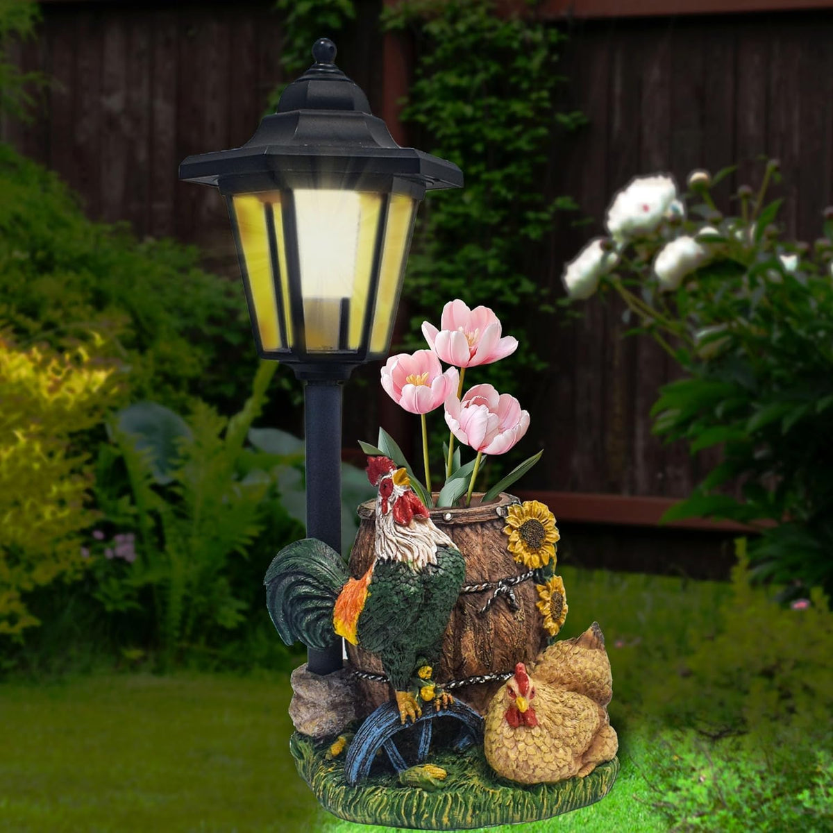 Rooster Statues Outdoor Solar Sculptures with Solar Lights and Flowerpot Funny Garden Decor Animal