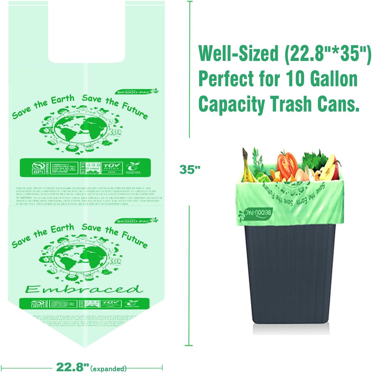 Compostable 13 Gallon Trash Bags, Tall Kitchen Garbage Bags with Handle, Sturdy Biodegradable