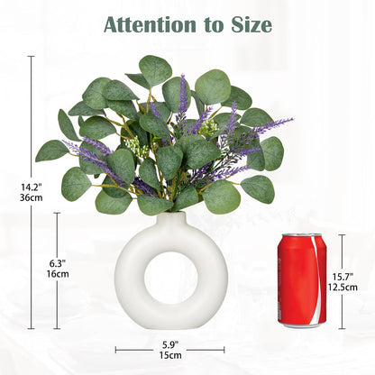 Artificial Eucalyptus Stems in Ceramic Vase 14.23" Fake Eucalyptus Plant Decor White Donut Vase
