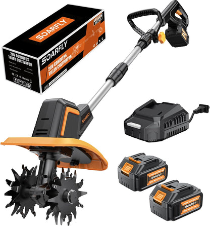 Upgraded Cordless Tiller for Gardening with 8.0Ah (2×4.0Ah Batteries), 48 Steel Tines Battery