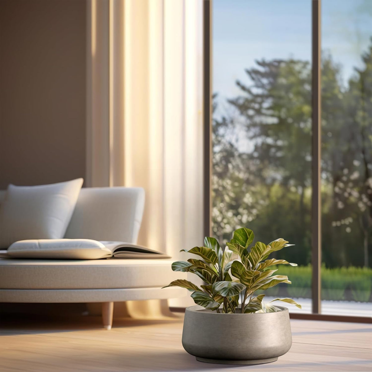 Kante 16.1" Dia Round Curvy Concrete Planter, Large Plant Pots with Drainage Hole and Rubber Plug