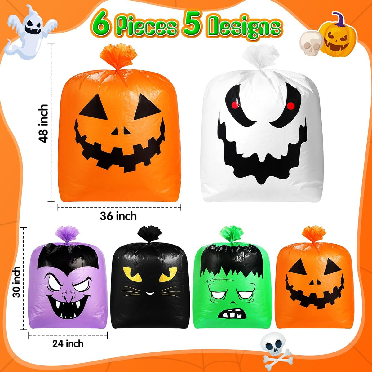 Qilery 6 Pcs Halloween Leaf Lawn Bags Plastic Pumpkin Trash Bags for Leaves with Twist Ties for