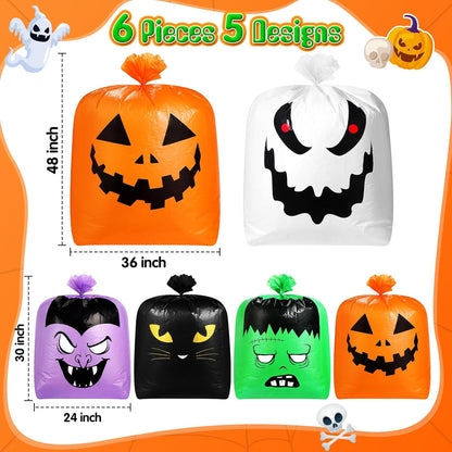 Qilery 6 Pcs Halloween Leaf Lawn Bags Plastic Pumpkin Trash Bags for Leaves with Twist Ties for