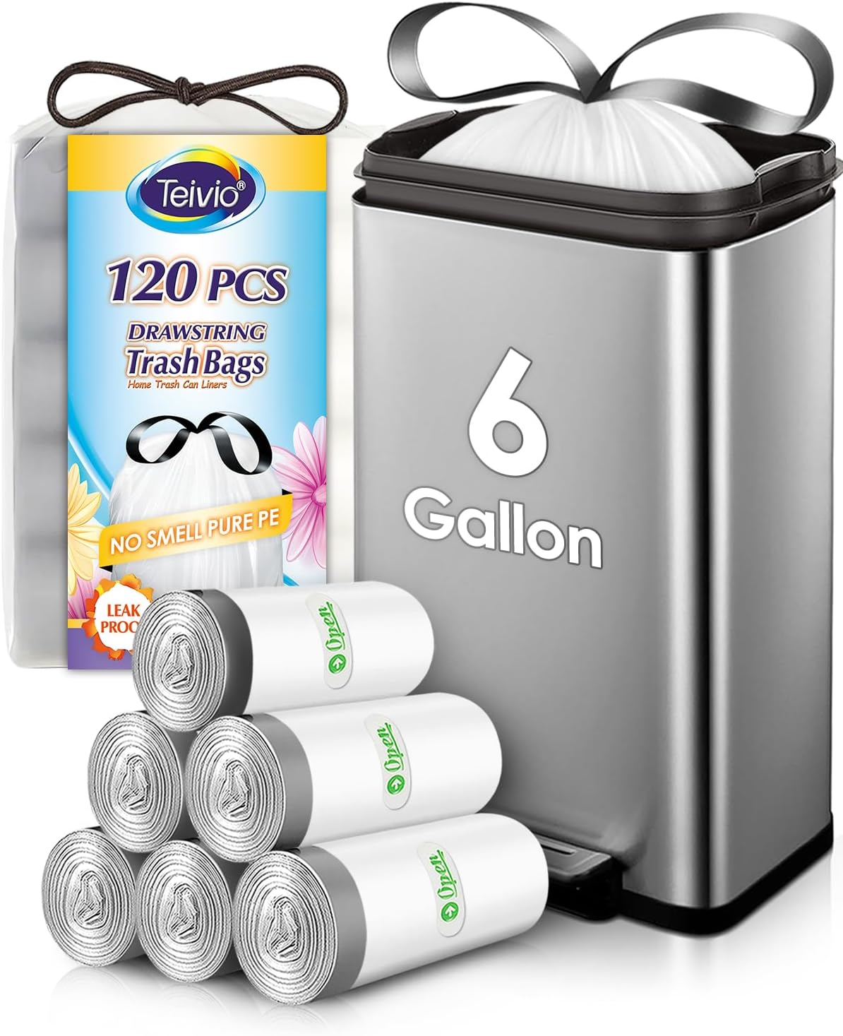 6 Gallon 120pcs Strong Drawstring Trash Bags Garbage Bags by Teivio, Bathroom Trash Can Bin Liners