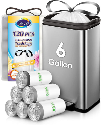 6 Gallon 120pcs Strong Drawstring Trash Bags Garbage Bags by Teivio, Bathroom Trash Can Bin Liners