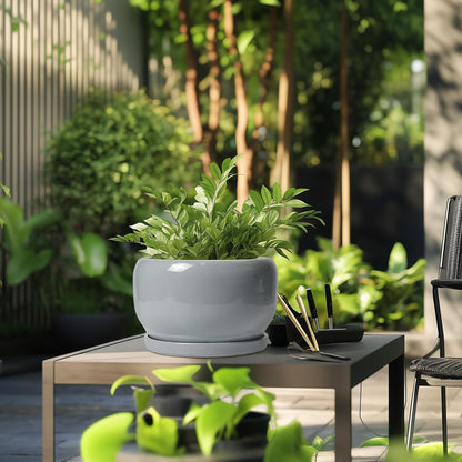 SQOWL 10 Inch Plant Pot - Ceramic Planter for Indoor Plants, Round Ceramic Flower Pot with Drainage