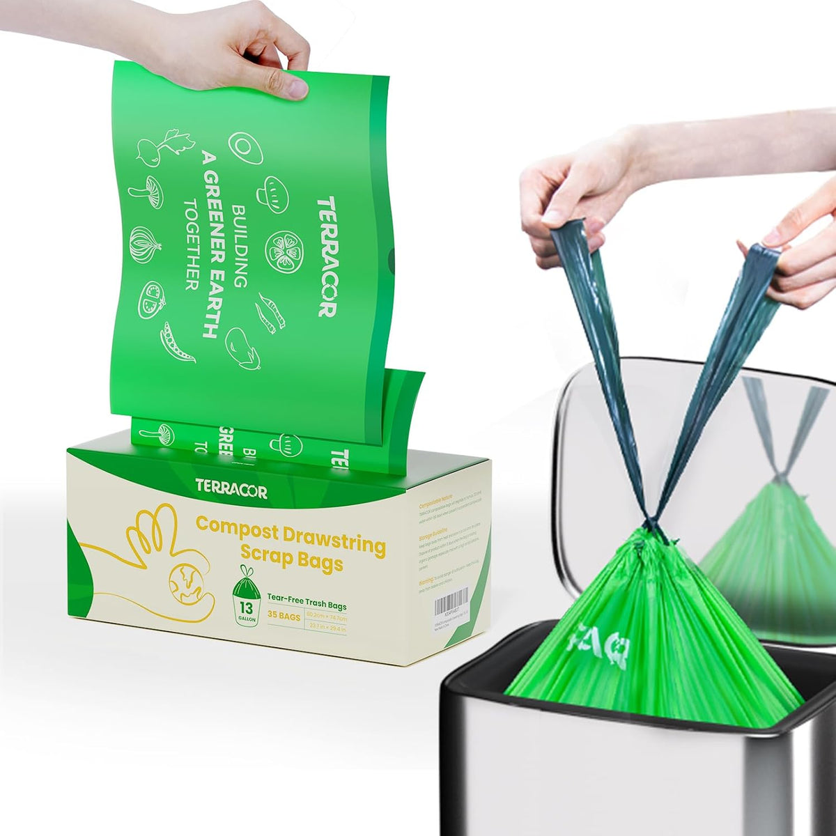 13 Gallon Compostable Trash Bags Liners Drawstring, Heavy Duty Extra Thick 1 Mil, 49.21 Liter, 35