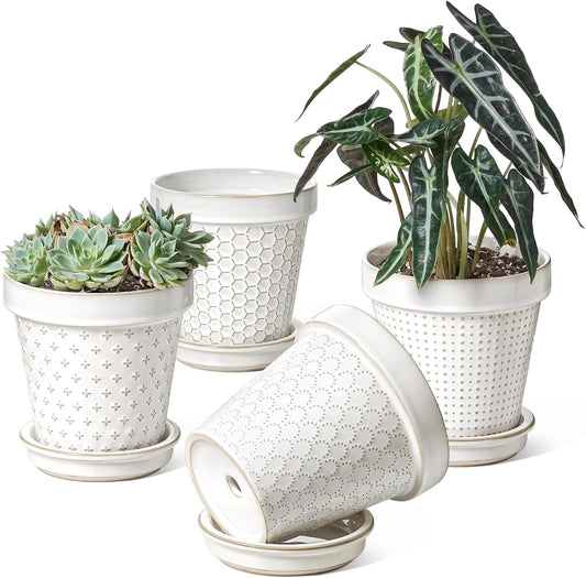 LE TAUCI Ceramic Plant Pots, 6 Inch Flower Pot with Drainage Hole & Saucer, Embossed Planter Pots