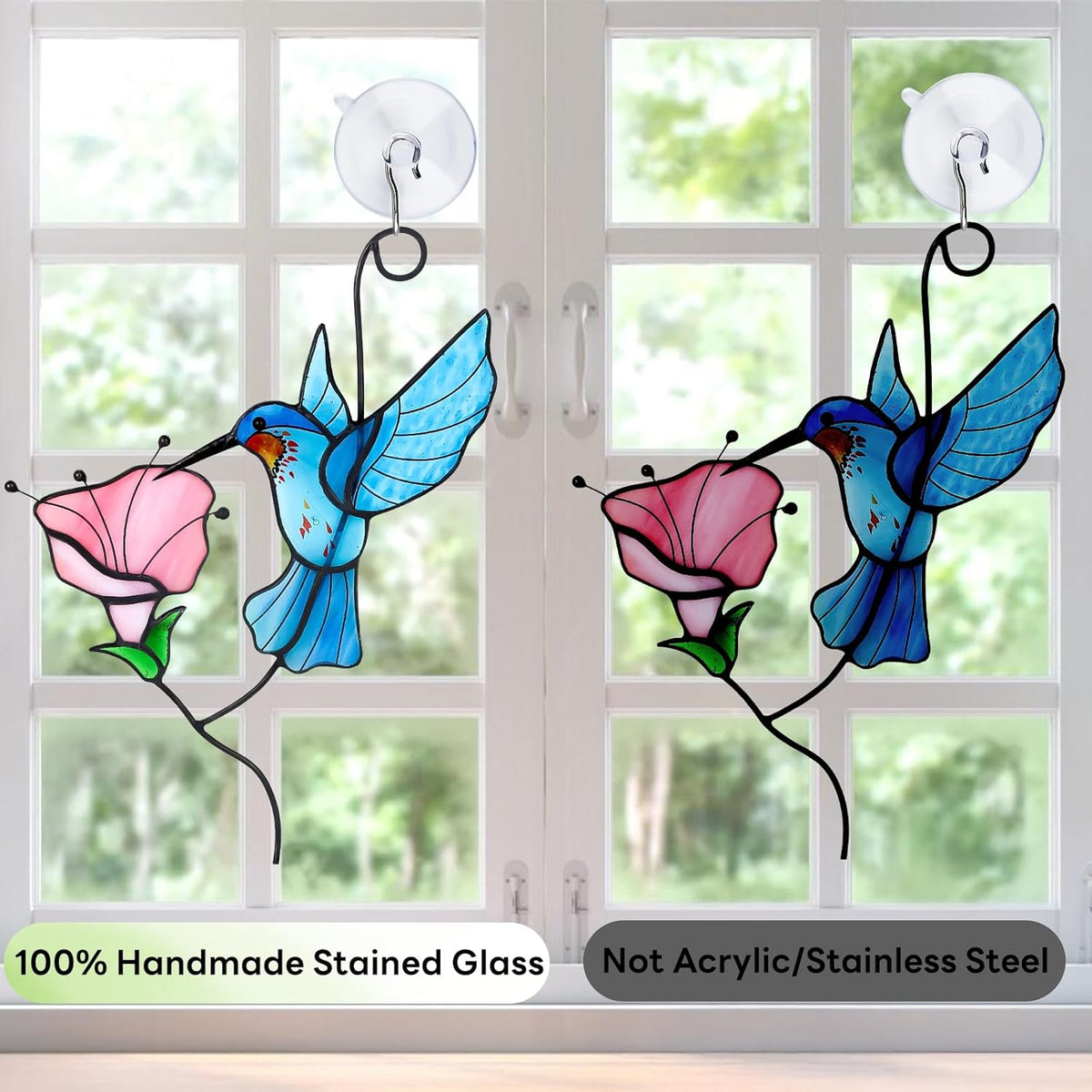 Handmade Stained Glass Hummingbird Suncatcher, Blue Bird with Pink Flower Window Hanging Decor, Art