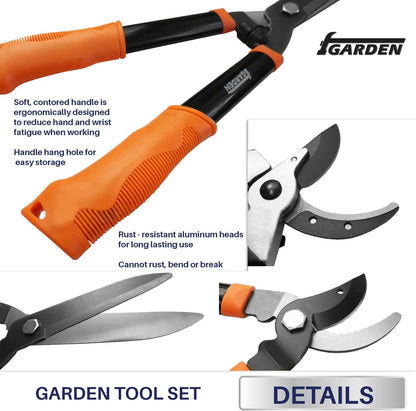 3 Piece Combo Garden Tool Set with Lopper, Hedge Shears and Pruner Shears, Tree & Shrub Care Kit