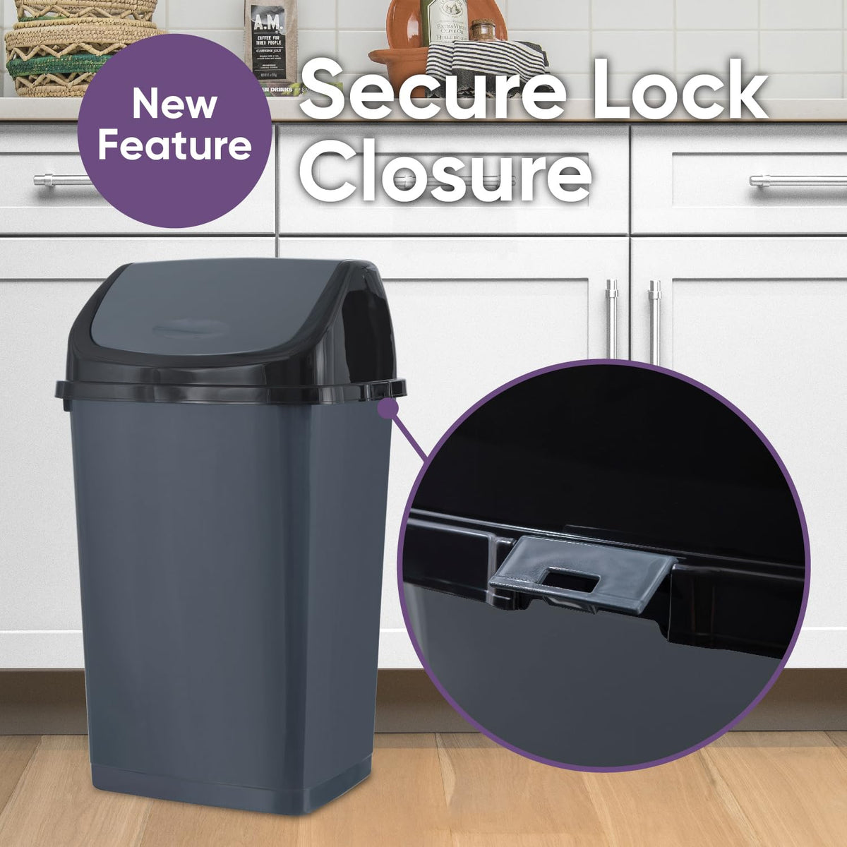 Superio Kitchen Trash Can 13 Gallon with Swing Lid, Plastic Tall Garbage Can Outdoor and Indoor