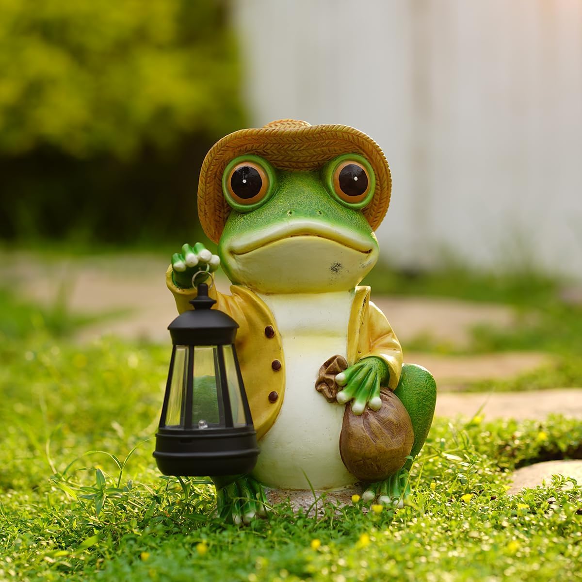 Solar Garden Outdoor Frog Statue 10 inches Tall - with Handheld Lanterns - Detachable - Patio