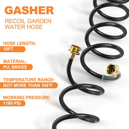 GASHER 10FT PU Recoil Garden Water Hose With 3/4" GHT Brass Fittings Retractable, Swivel Female For