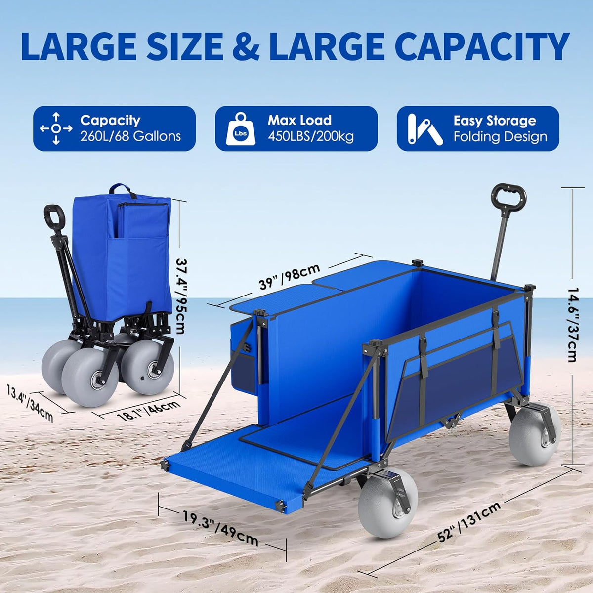 Beach Wagon with Big Wheels for Sand - 450lbs Load Heavy Duty Wagons Carts Foldable with 9" All