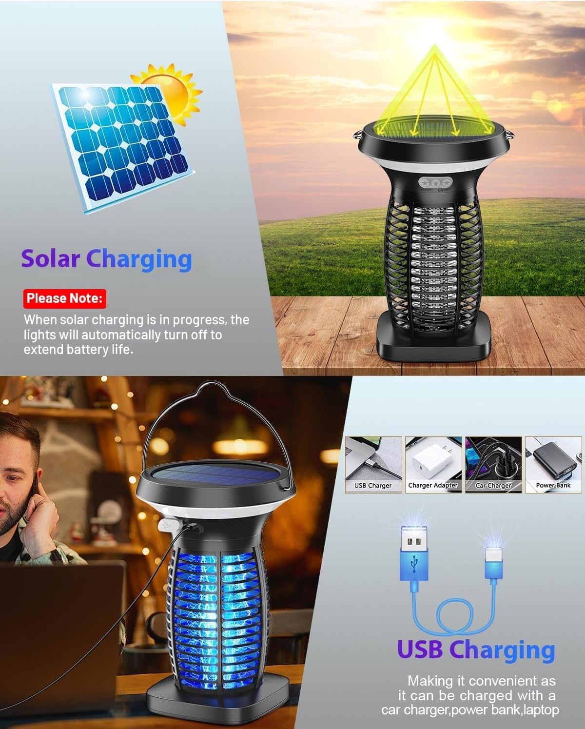 Solar Bug Zapper Outdoor Waterproof, Portable Pest Control Electric Mosquito Zapper Killer with