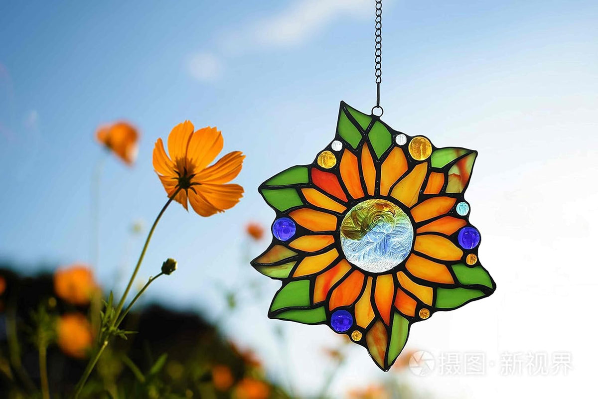 Stained Glass Window Panels Hangings Suncatchers Sunflower, 6 1/2" x 6"